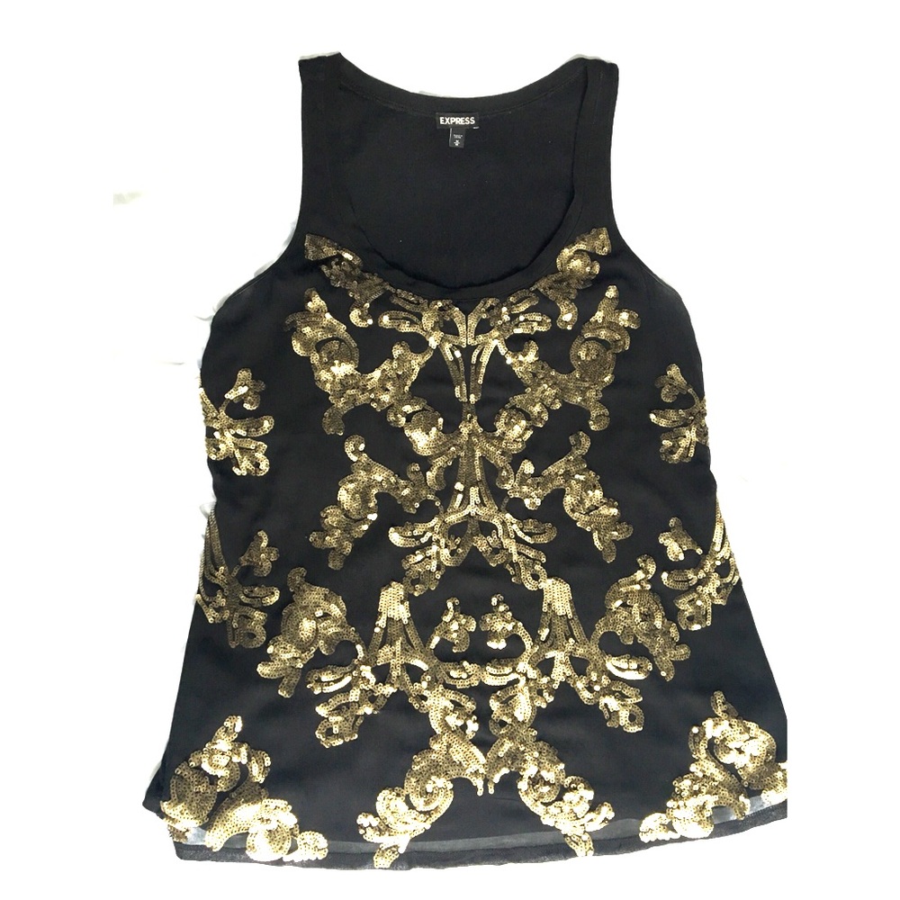 Express Gold Sequin Damask Style Black Tank Blouse